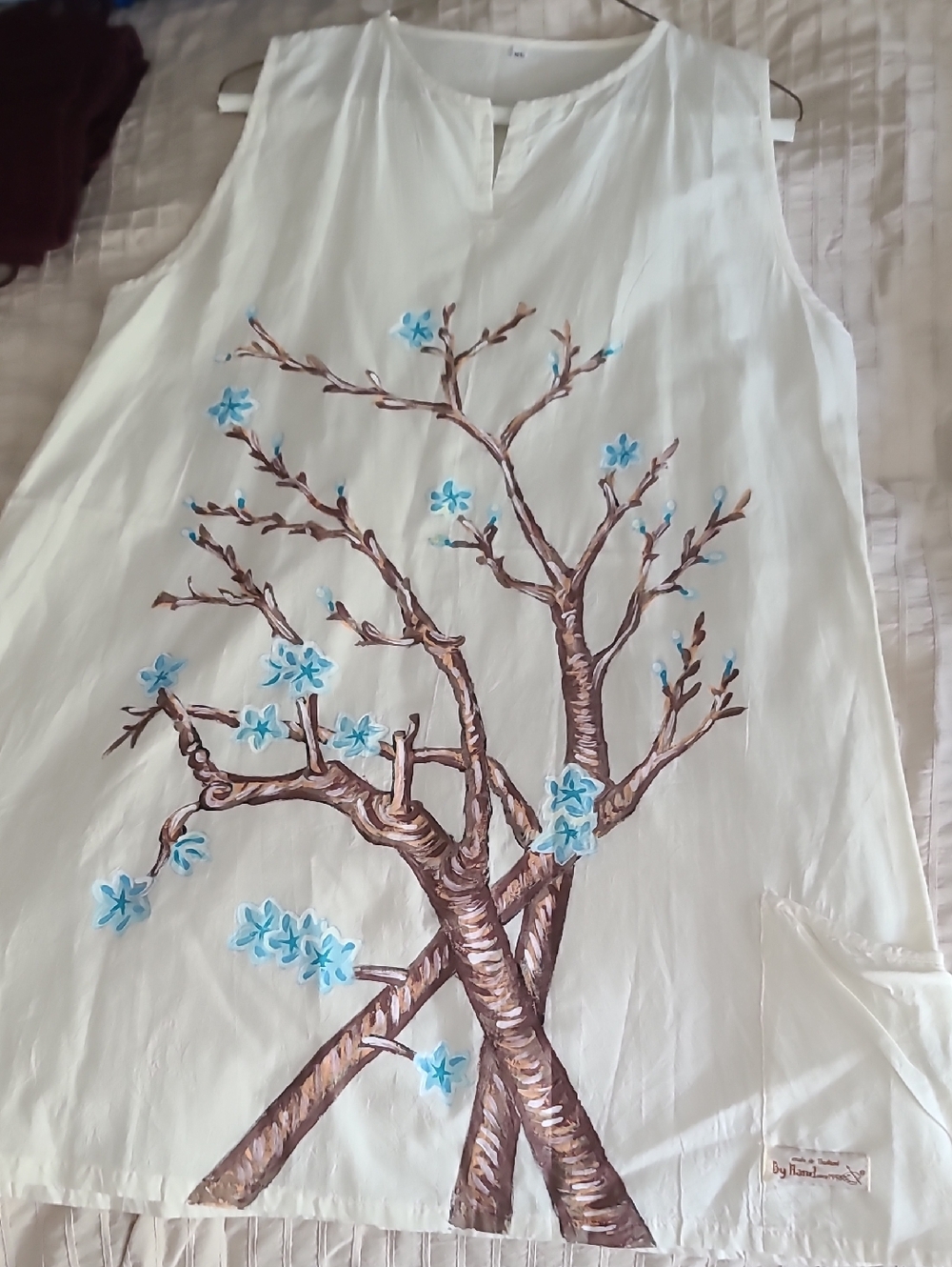 Hand Crafted White Tunic Dress with Brown Tree and Light Blue Blossoms